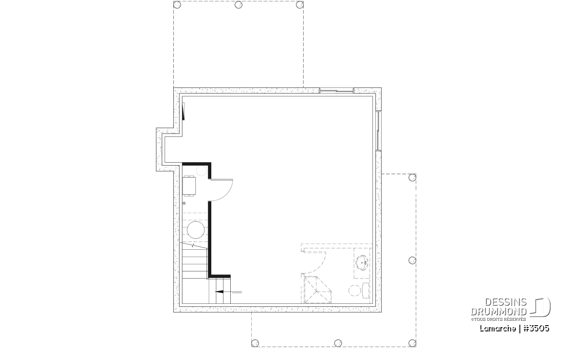 Sous-sol aménageable - Plan de petite maison de campagne avec galerie sur 2 côtés, 2 chambres, fenestration abondante et foyer - Lamarche