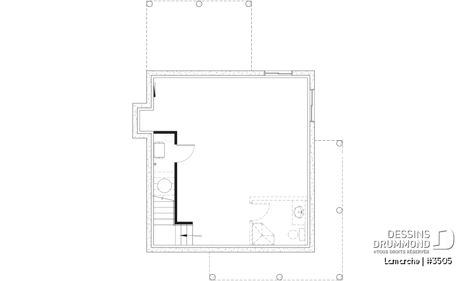Sous-sol aménageable - Plan de maison de style champêtre, aire ouverte au rez-de-chaussée, 2 chambres, galerie couverte, foyer - Lamarche