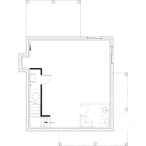 Sous-sol aménageable - Plan de maison de style champêtre, aire ouverte au rez-de-chaussée, 2 chambres, galerie couverte, foyer - Lamarche
