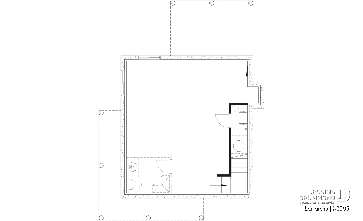 Sous-sol aménageable - Plan de petite maison de campagne avec galerie sur 2 côtés, 2 chambres, fenestration abondante et foyer - Lamarche