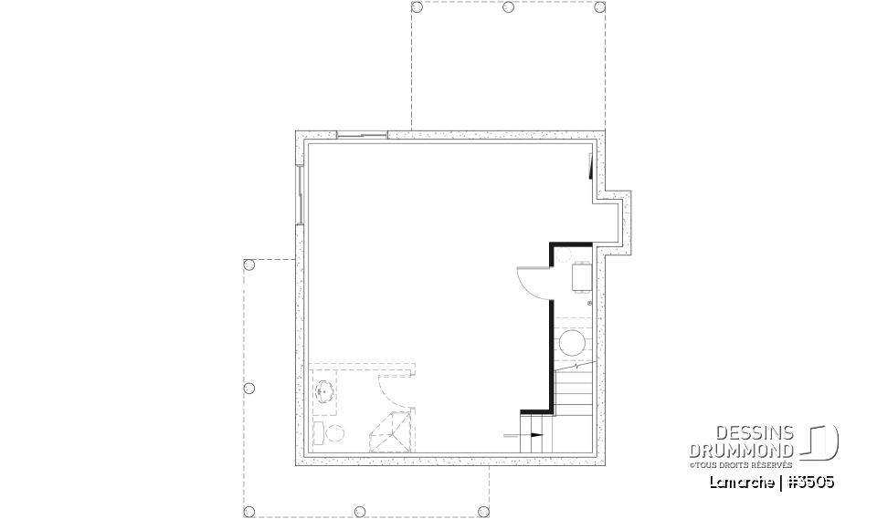 Sous-sol aménageable - Plan de maison de style champêtre, aire ouverte au rez-de-chaussée, 2 chambres, galerie couverte, foyer - Lamarche
