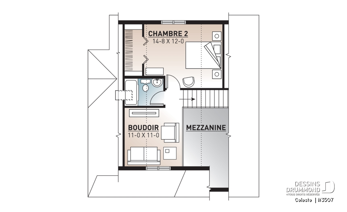 Étage - Plan de Cottage abordable, 2 à 3 chambres, galerie abritée, plafond cathédrale au séjour, mezzanine à l'étage - Celeste 