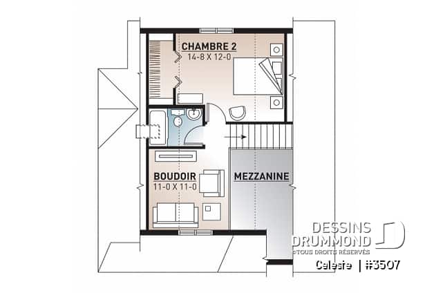 Étage - Plan de Cottage abordable, 2 à 3 chambres, galerie abritée, plafond cathédrale au séjour, mezzanine à l'étage - Celeste 