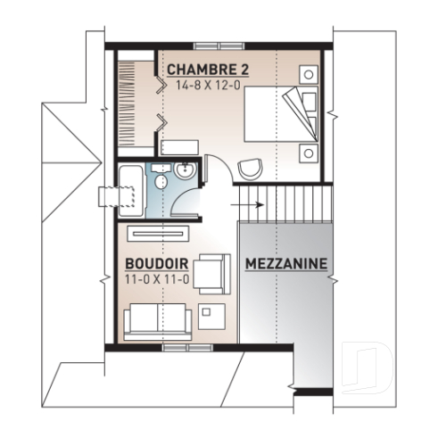 Étage - Plan de Cottage abordable, 2 à 3 chambres, galerie abritée, plafond cathédrale au séjour, mezzanine à l'étage - Celeste 