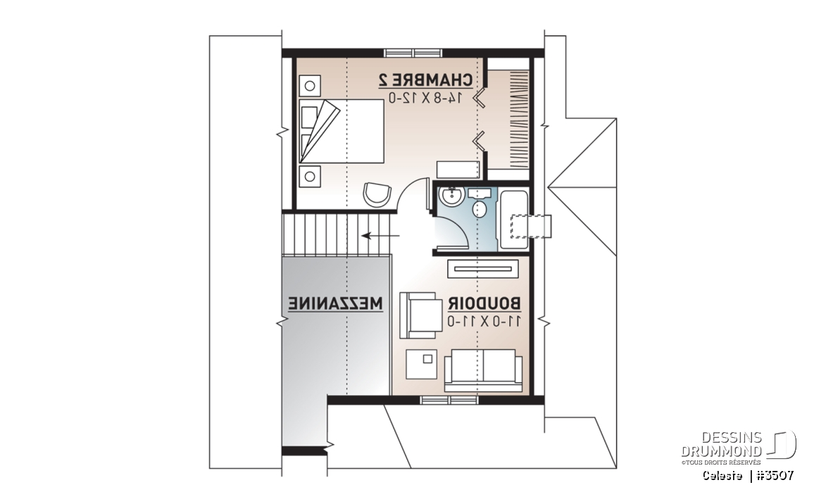 Étage - Plan de Cottage abordable, 2 à 3 chambres, galerie abritée, plafond cathédrale au séjour, mezzanine à l'étage - Celeste 
