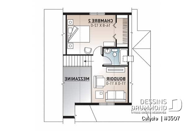 Étage - Plan de Cottage abordable, 2 à 3 chambres, galerie abritée, plafond cathédrale au séjour, mezzanine à l'étage - Celeste 