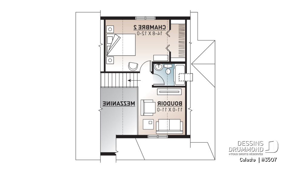 Étage - Plan de Cottage abordable, 2 à 3 chambres, galerie abritée, plafond cathédrale au séjour, mezzanine à l'étage - Celeste 