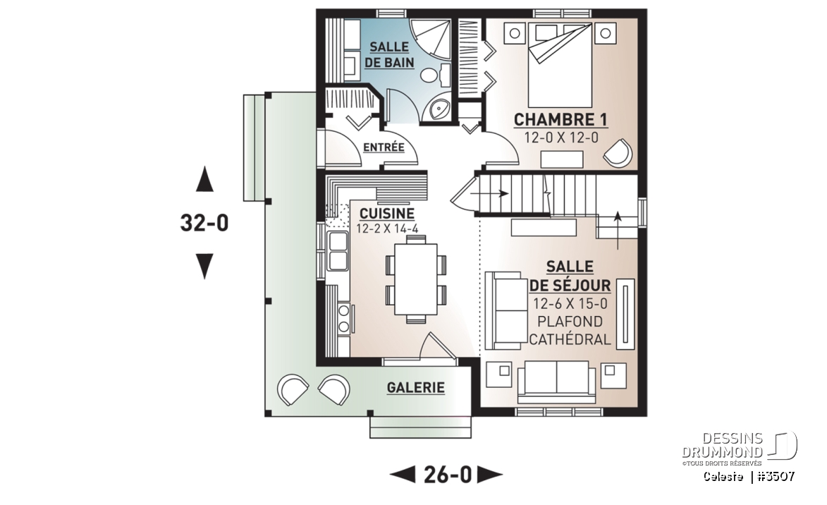 Rez-de-chaussée - Plan de Cottage abordable, 2 à 3 chambres, galerie abritée, plafond cathédrale au séjour, mezzanine à l'étage - Celeste 