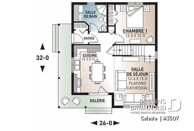 Rez-de-chaussée - Plan de Cottage abordable, 2 à 3 chambres, galerie abritée, plafond cathédrale au séjour, mezzanine à l'étage - Celeste 