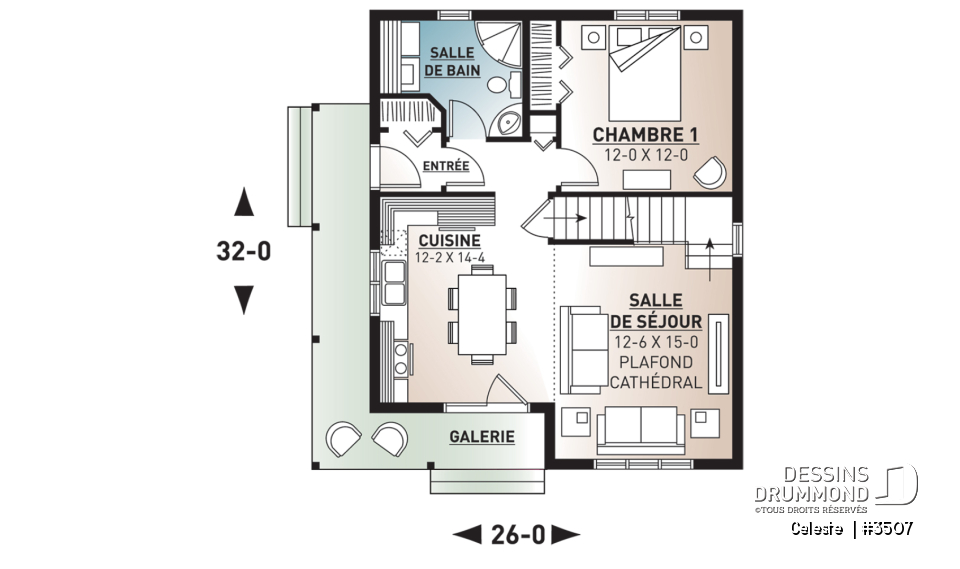 Rez-de-chaussée - Plan de Cottage abordable, 2 à 3 chambres, galerie abritée, plafond cathédrale au séjour, mezzanine à l'étage - Celeste 