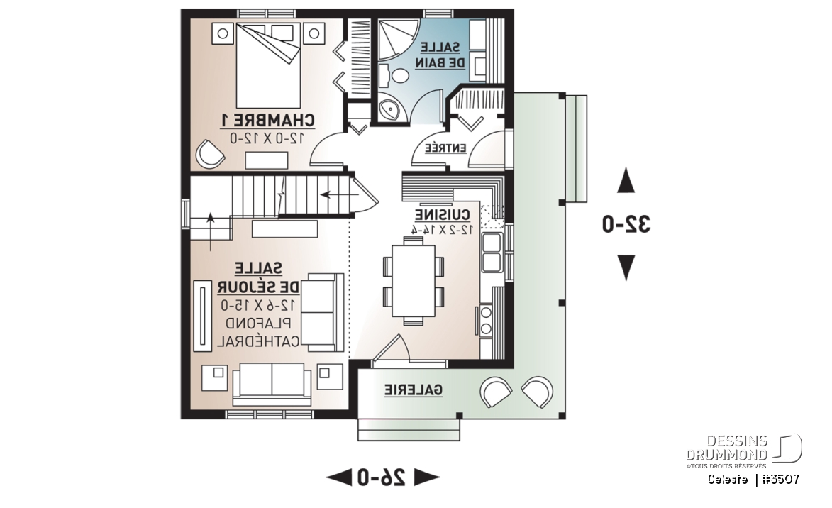 Rez-de-chaussée - Plan de Cottage abordable, 2 à 3 chambres, galerie abritée, plafond cathédrale au séjour, mezzanine à l'étage - Celeste 