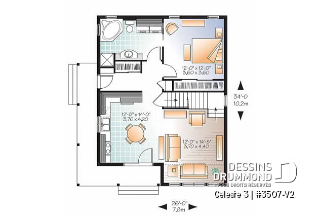 Rez-de-chaussée - Plan de maison style chalet 4-saisons, loft à aménager à l'étage pour atelier ou chambres additionnelles - Celeste 3