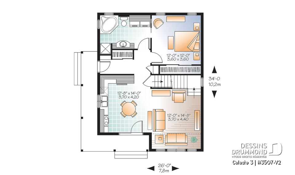 Rez-de-chaussée - Plan de maison style chalet 4-saisons, loft à aménager à l'étage pour atelier ou chambres additionnelles - Celeste 3