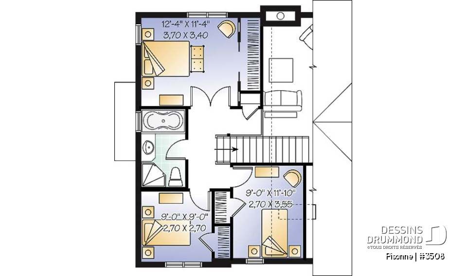 Étage - Plan de maison champêtre, 3 chambres, vestiaire à l'entrée, aire ouverte, foyer, plafond cathédral - Pisonne