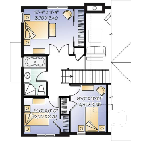Étage - Plan de maison champêtre, 3 chambres, vestiaire à l'entrée, aire ouverte, foyer, plafond cathédral - Pisonne
