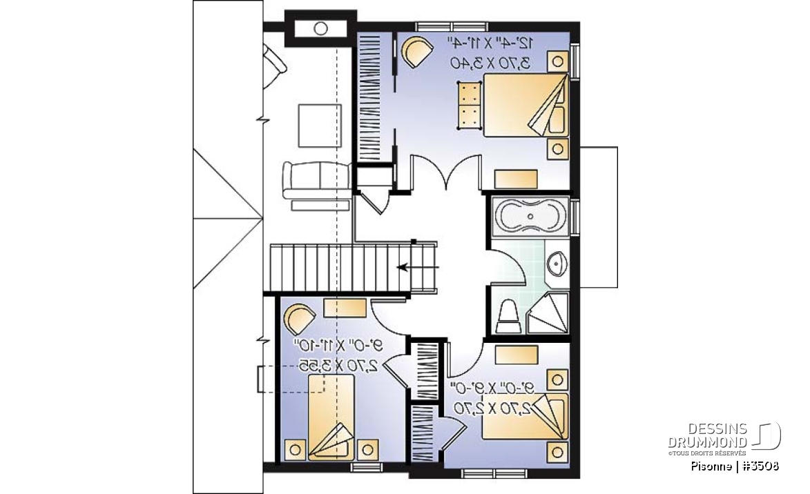 Étage - Plan de maison champêtre, 3 chambres, vestiaire à l'entrée, aire ouverte, foyer, plafond cathédral - Pisonne