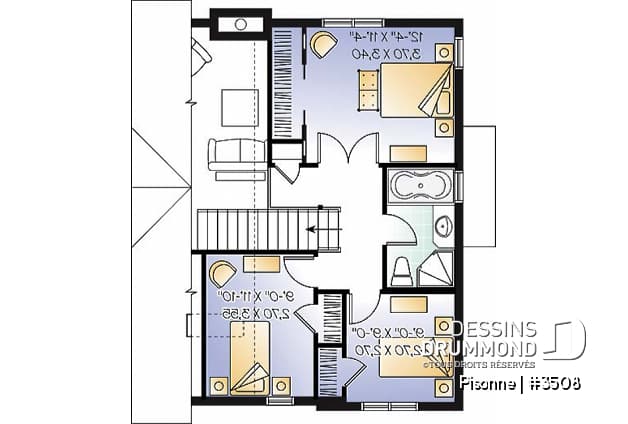 Étage - Plan de maison champêtre, 3 chambres, vestiaire à l'entrée, aire ouverte, foyer, plafond cathédral - Pisonne