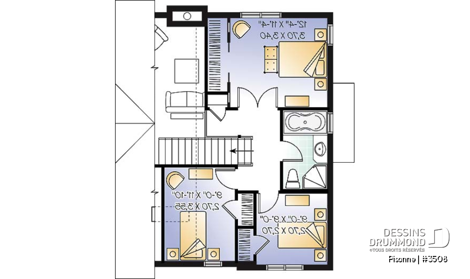 Étage - Plan de maison champêtre, 3 chambres, vestiaire à l'entrée, aire ouverte, foyer, plafond cathédral - Pisonne
