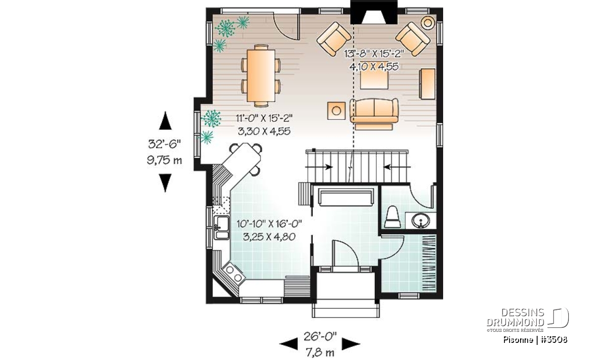 Rez-de-chaussée - Plan de maison champêtre, 3 chambres, vestiaire à l'entrée, aire ouverte, foyer, plafond cathédral - Pisonne