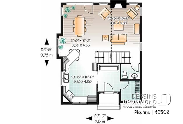 Rez-de-chaussée - Plan de maison champêtre, 3 chambres, vestiaire à l'entrée, aire ouverte, foyer, plafond cathédral - Pisonne