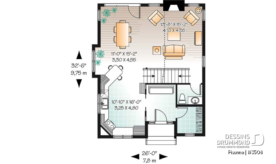 Rez-de-chaussée - Plan de maison champêtre, 3 chambres, vestiaire à l'entrée, aire ouverte, foyer, plafond cathédral - Pisonne