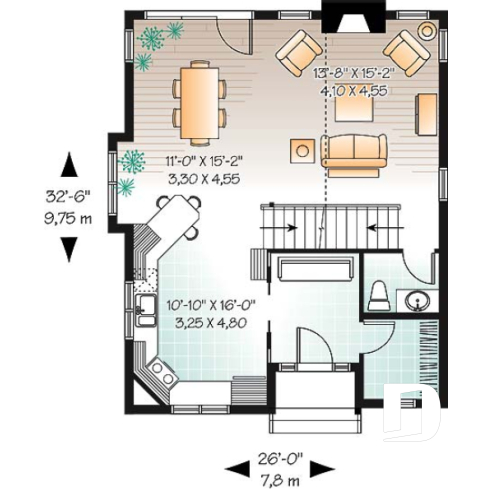 Rez-de-chaussée - Plan de maison champêtre, 3 chambres, vestiaire à l'entrée, aire ouverte, foyer, plafond cathédral - Pisonne