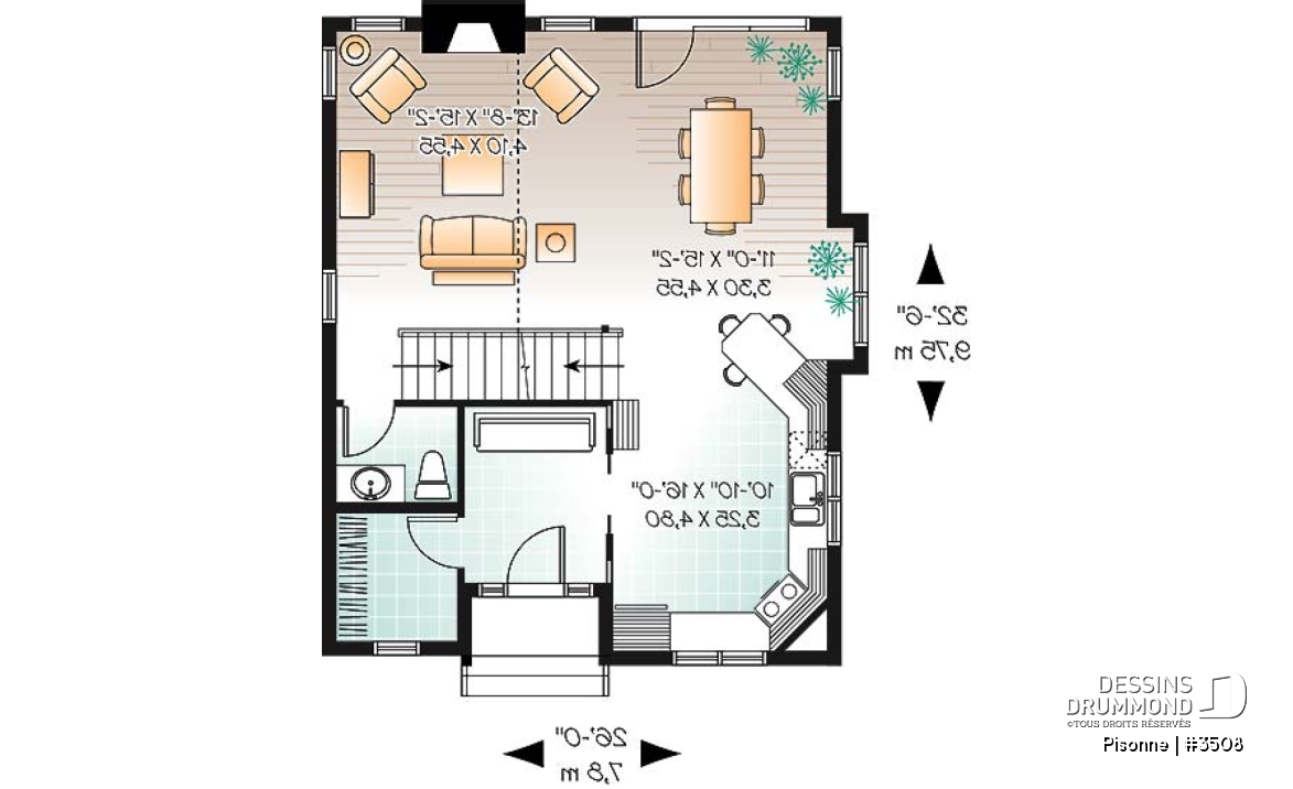 Rez-de-chaussée - Plan de maison champêtre, 3 chambres, vestiaire à l'entrée, aire ouverte, foyer, plafond cathédral - Pisonne