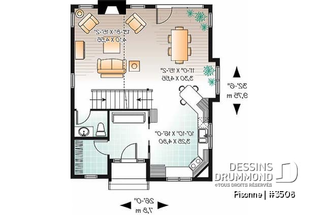 Rez-de-chaussée - Plan de maison champêtre, 3 chambres, vestiaire à l'entrée, aire ouverte, foyer, plafond cathédral - Pisonne