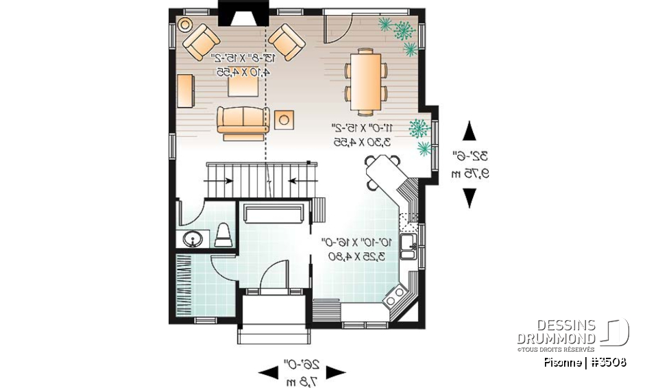 Rez-de-chaussée - Plan de maison champêtre, 3 chambres, vestiaire à l'entrée, aire ouverte, foyer, plafond cathédral - Pisonne