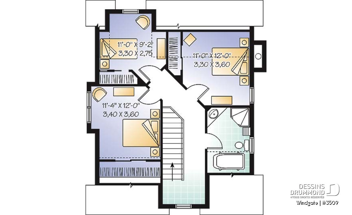 Étage - Plan de petite maison champêtre avec vue panoramique, 3 chambres, foyer, aire ouverte - Windgate