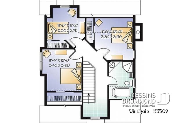 Étage - Plan de petite maison champêtre avec vue panoramique, 3 chambres, foyer, aire ouverte - Windgate