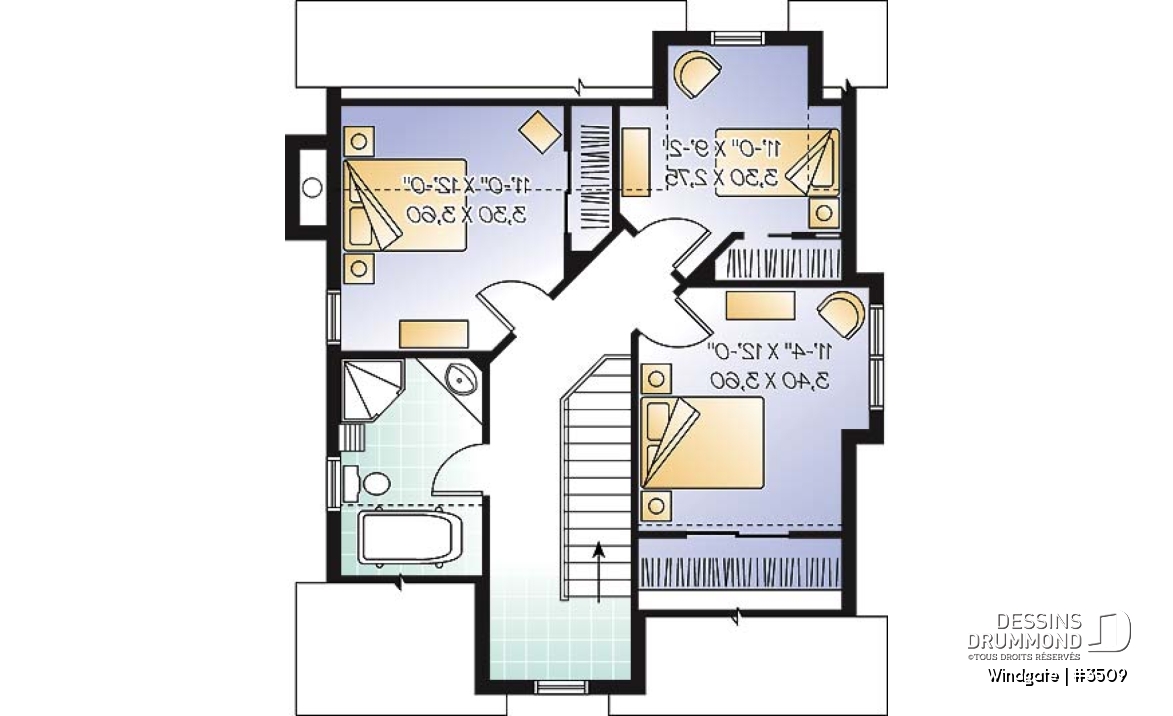 Étage - Plan de petite maison champêtre avec vue panoramique, 3 chambres, foyer, aire ouverte - Windgate