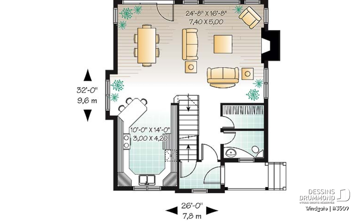 Rez-de-chaussée - Plan de petite maison champêtre avec vue panoramique, 3 chambres, foyer, aire ouverte - Windgate