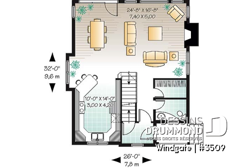 Rez-de-chaussée - Plan de petite maison champêtre avec vue panoramique, 3 chambres, foyer, aire ouverte - Windgate