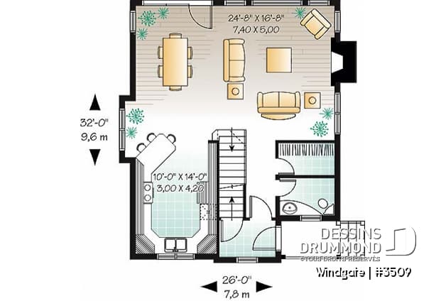 Rez-de-chaussée - Plan de petite maison champêtre avec vue panoramique, 3 chambres, foyer, aire ouverte - Windgate