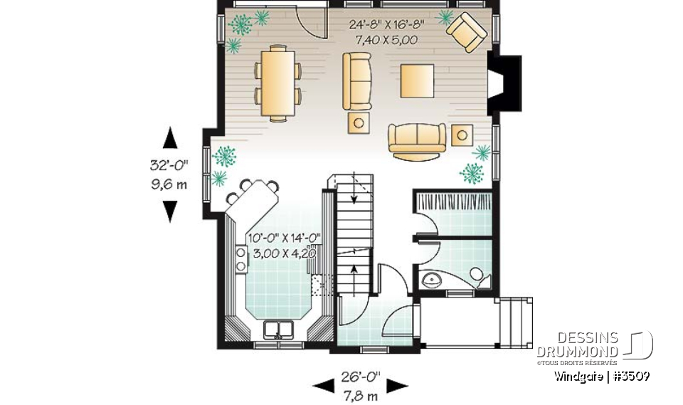 Rez-de-chaussée - Plan de petite maison champêtre avec vue panoramique, 3 chambres, foyer, aire ouverte - Windgate