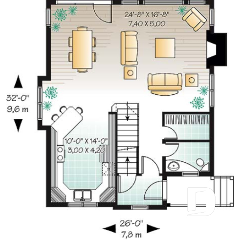 Rez-de-chaussée - Plan de petite maison champêtre avec vue panoramique, 3 chambres, foyer, aire ouverte - Windgate