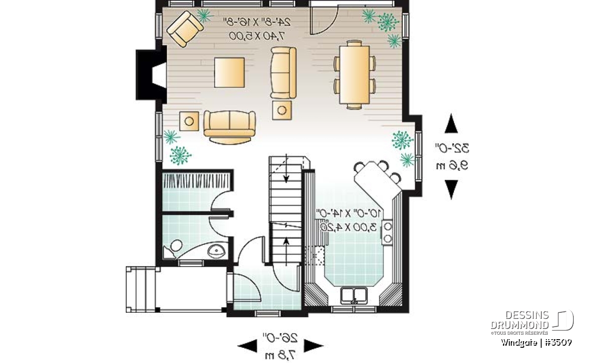 Rez-de-chaussée - Plan de petite maison champêtre avec vue panoramique, 3 chambres, foyer, aire ouverte - Windgate