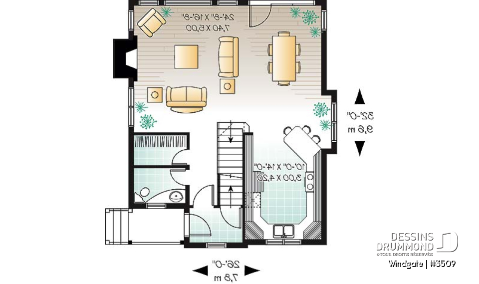 Rez-de-chaussée - Plan de petite maison champêtre avec vue panoramique, 3 chambres, foyer, aire ouverte - Windgate