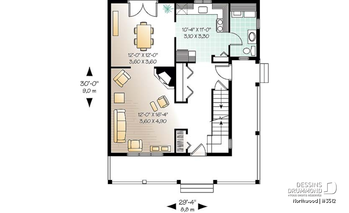 Rez-de-chaussée - Plan de maison champêtre avec grande galerie couverte, 3 grandes chambres, foyer, buanderie au r-d-c - Northwood