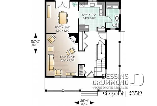 Rez-de-chaussée - Plan de maison champêtre avec grande galerie couverte, 3 grandes chambres, foyer, buanderie au r-d-c - Chapelet