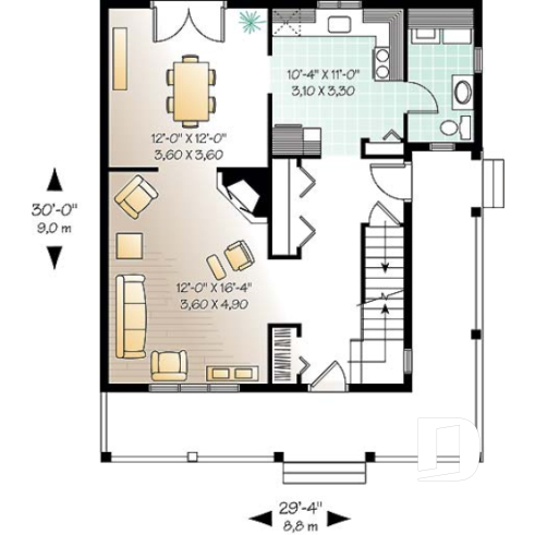 Rez-de-chaussée - Plan de maison champêtre avec grande galerie couverte, 3 grandes chambres, foyer, buanderie au r-d-c - Northwood