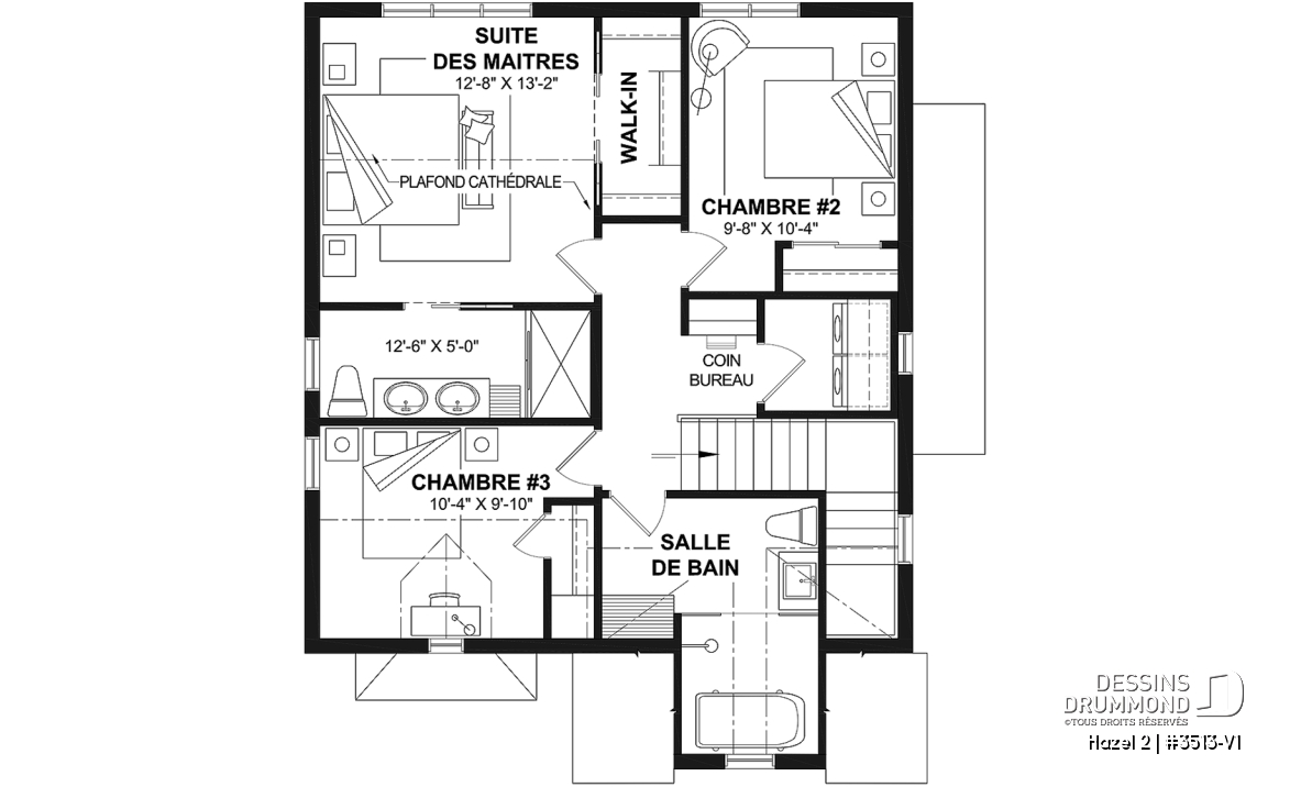 Étage - Plan de maison d'inspiration anglaise, proposant 3 chambres à l'étage et un s-sol finition optionnel - Hazel 2