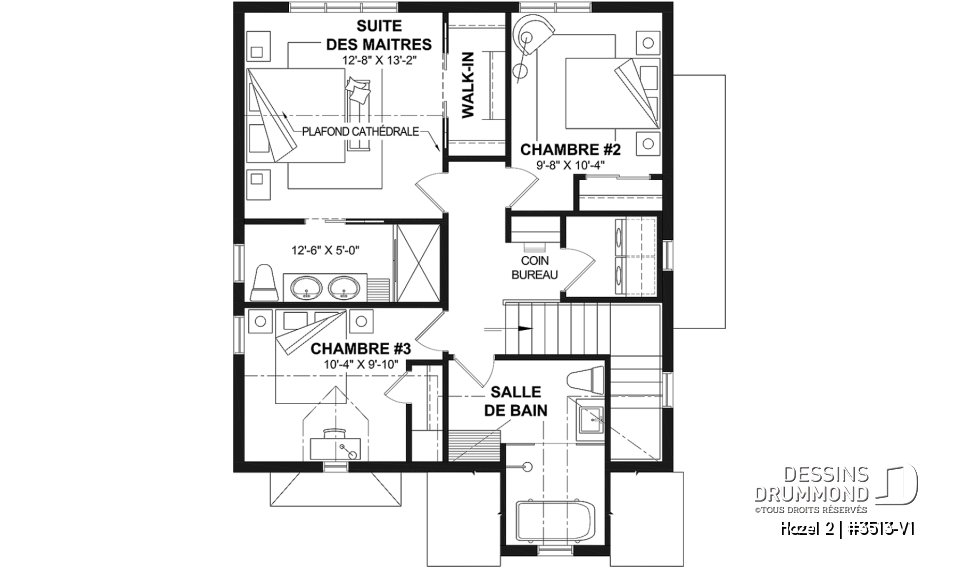 Étage - Plan de maison d'inspiration anglaise, proposant 3 chambres à l'étage et un s-sol finition optionnel - Hazel 2