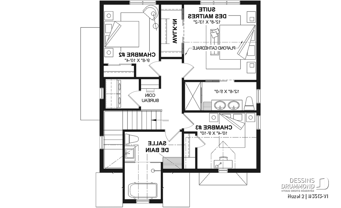 Étage - Plan de maison d'inspiration anglaise, proposant 3 chambres à l'étage et un s-sol finition optionnel - Hazel 2