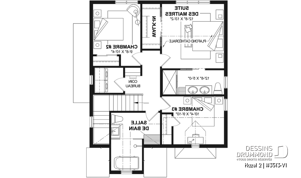 Étage - Plan de maison d'inspiration anglaise, proposant 3 chambres à l'étage et un s-sol finition optionnel - Hazel 2