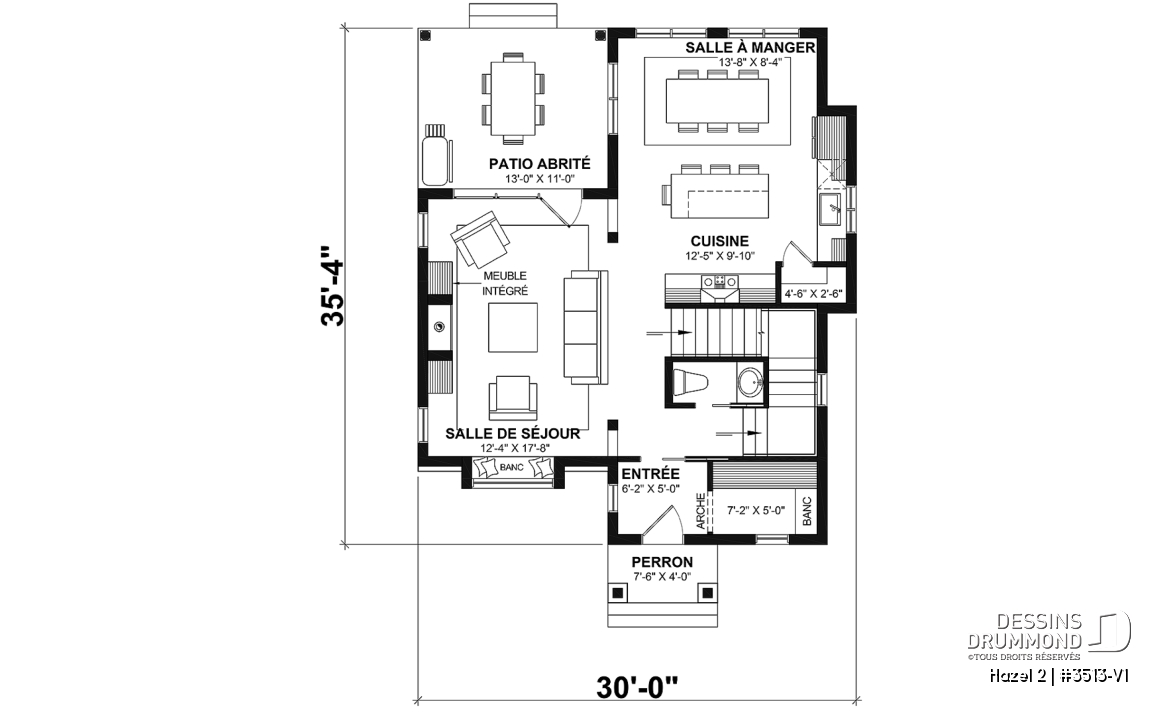 Rez-de-chaussée - Plan de maison d'inspiration anglaise, proposant 3 chambres à l'étage et un s-sol finition optionnel - Hazel 2