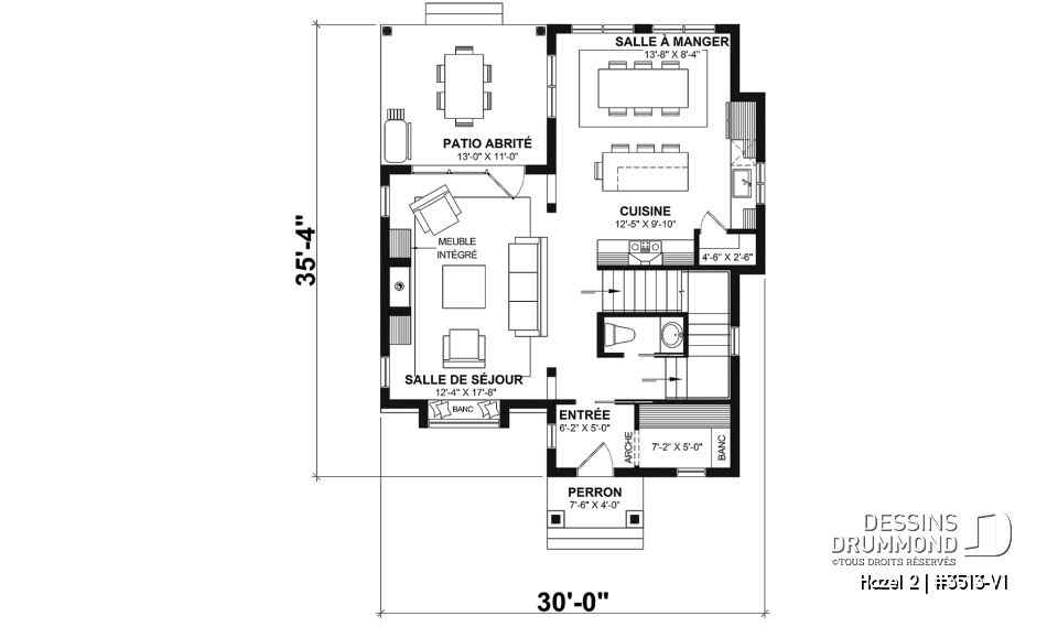 Rez-de-chaussée - Plan de maison d'inspiration anglaise, proposant 3 chambres à l'étage et un s-sol finition optionnel - Hazel 2