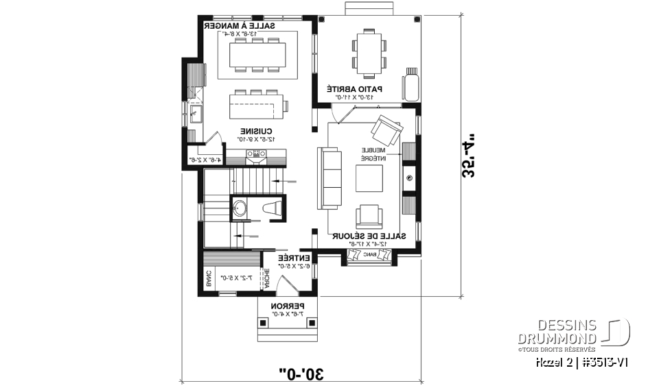 Rez-de-chaussée - Plan de maison d'inspiration anglaise, proposant 3 chambres à l'étage et un s-sol finition optionnel - Hazel 2