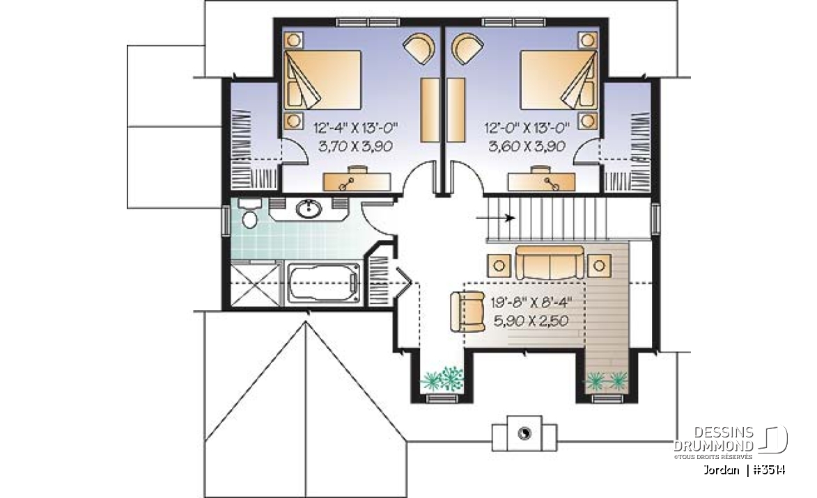 Étage - Plan de maison de style campagnard avec vue panoramique, 3 à 4 chambres, plafond pente, foyer  - Jordan 